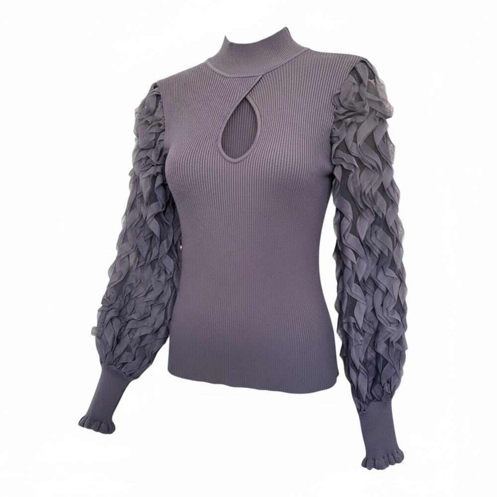 Cato brand purple ribbed knit sweater sheer ruffled sleeves Size M - Picture 4 of 8
